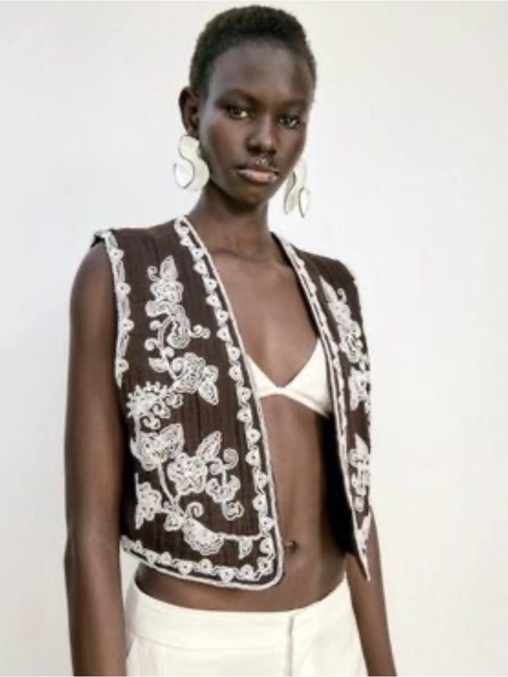 NWT ZARA Embroidered Sleeveless Vest Jacket - Brown & White